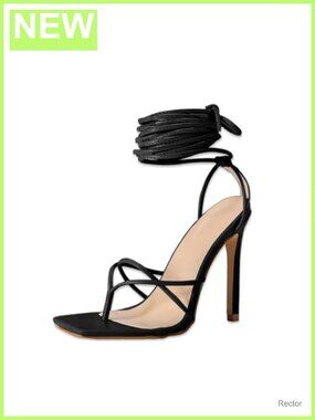 Lace Up Heeled Sandals Square Toe Strappy Party High Heels Faux Leather